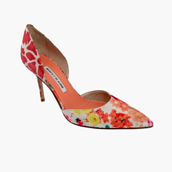 Manolo Blahnik Tayler Orange Floral Fabric D’Orsay Pumps Heels Size 40 US 10 - Picture 9 of 13